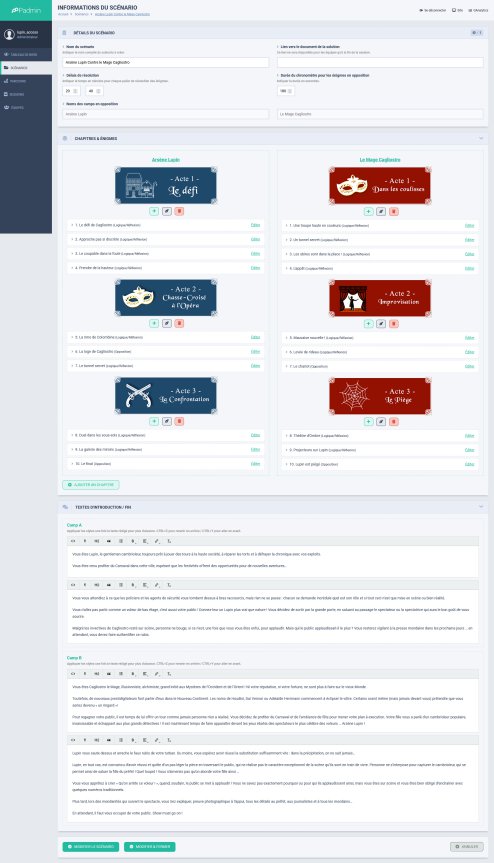 Espace d'administration - Gestion des scénarios et énigmes screenshot lupin