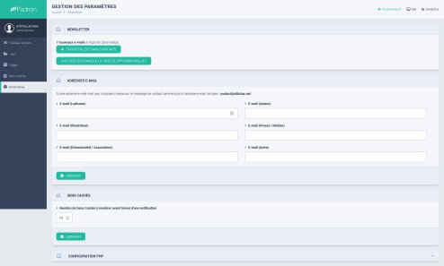 Espace d'administration - Gestion des paramètres screenshot olibrius