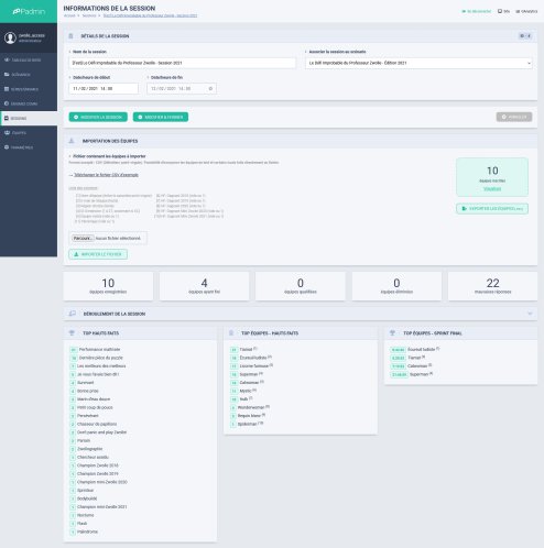 Espace d'administration - Sessions de jeu screenshot zwolle